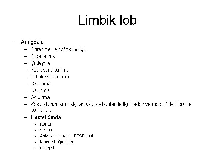 Limbik lob • Amigdala – – – – – Öğrenme ve hafıza ile ilgili,