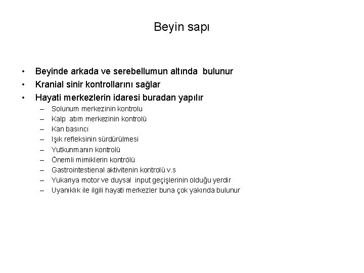 Beyin sapı • • • Beyinde arkada ve serebellumun altında bulunur Kranial sinir kontrollarını