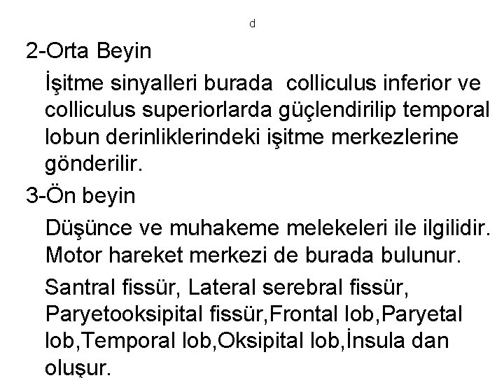 d 2 -Orta Beyin İşitme sinyalleri burada colliculus inferior ve colliculus superiorlarda güçlendirilip temporal