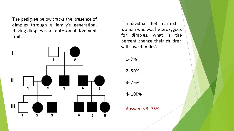 The pedigree below tracks the presence of dimples through a family's generation. Having dimples