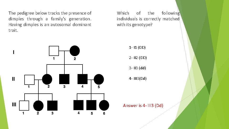 The pedigree below tracks the presence of dimples through a family's generation. Having dimples