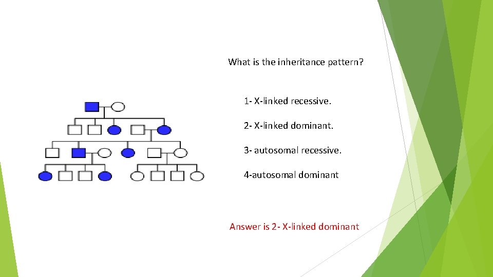 What is the inheritance pattern? 1 - X-linked recessive. 2 - X-linked dominant. 3