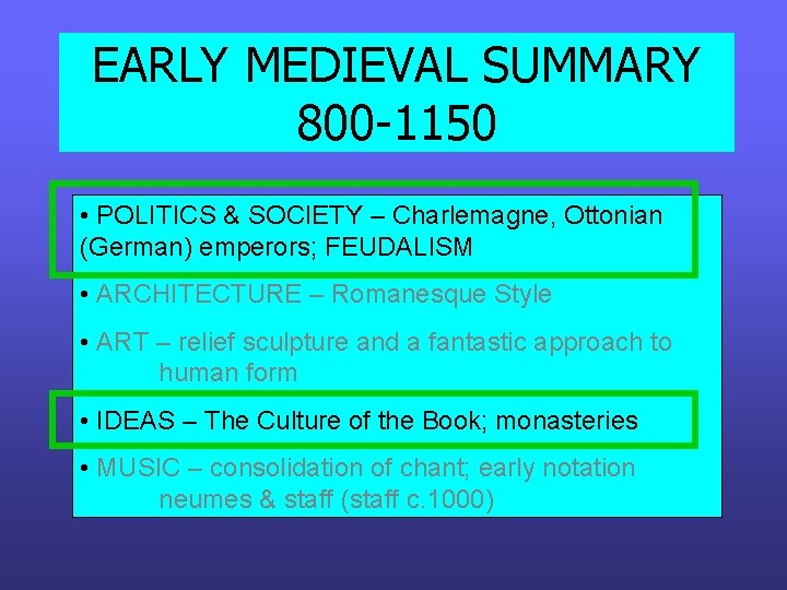 EARLY MEDIEVAL SUMMARY 800 -1150 • POLITICS & SOCIETY – Charlemagne, Ottonian (German) emperors; EARLY MEDIEVAL SUMMARY 800 -1150 • POLITICS & SOCIETY – Charlemagne, Ottonian (German) emperors;