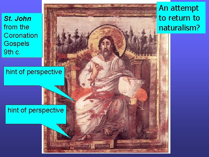 St. John from the Coronation Gospels 9 th c. hint of perspective An attempt St. John from the Coronation Gospels 9 th c. hint of perspective An attempt