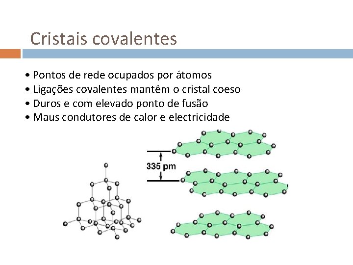 Cristais covalentes • Pontos de rede ocupados por átomos • Ligações covalentes mantêm o