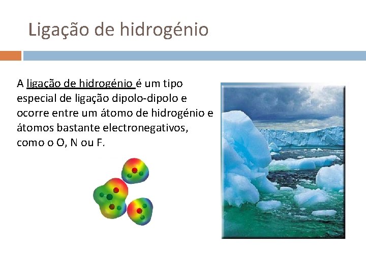 Ligação de hidrogénio A ligação de hidrogénio é um tipo especial de ligação dipolo-dipolo