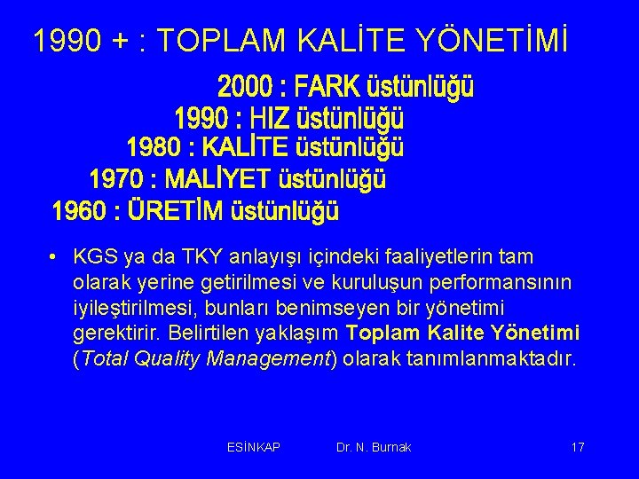 1990 + : TOPLAM KALİTE YÖNETİMİ • KGS ya da TKY anlayışı içindeki faaliyetlerin