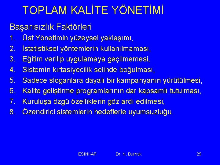 TOPLAM KALİTE YÖNETİMİ Başarısızlık Faktörleri 1. 2. 3. 4. 5. 6. 7. 8. Üst