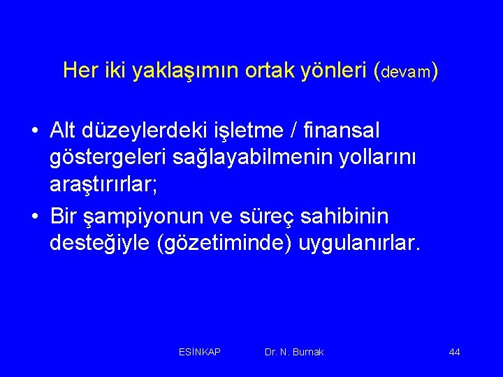 Her iki yaklaşımın ortak yönleri (devam) • Alt düzeylerdeki işletme / finansal göstergeleri sağlayabilmenin