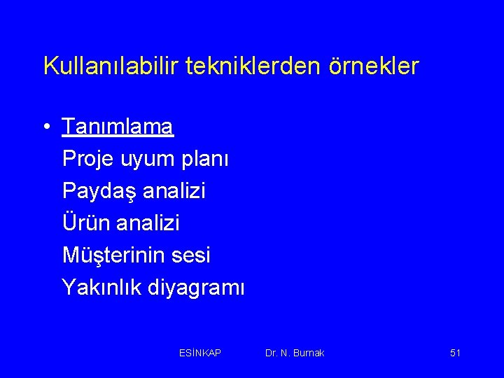 Kullanılabilir tekniklerden örnekler • Tanımlama Proje uyum planı Paydaş analizi Ürün analizi Müşterinin sesi