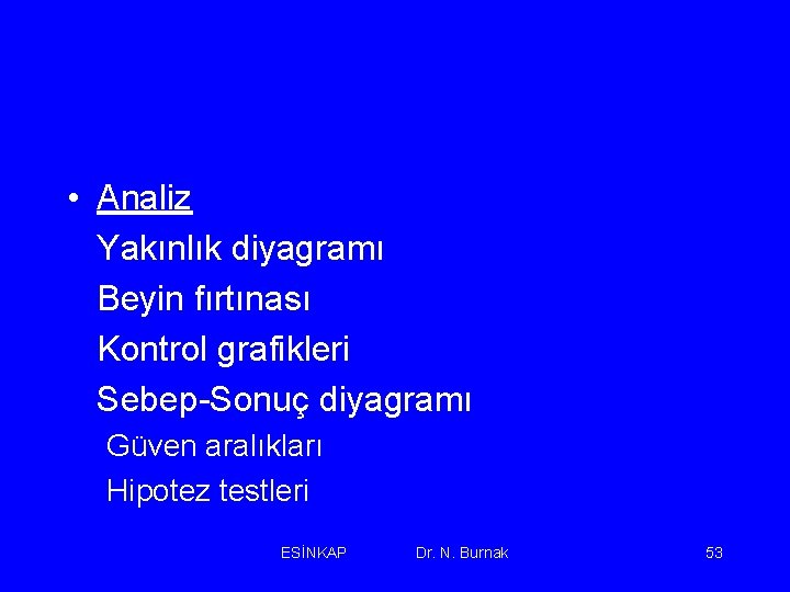  • Analiz Yakınlık diyagramı Beyin fırtınası Kontrol grafikleri Sebep-Sonuç diyagramı Güven aralıkları Hipotez