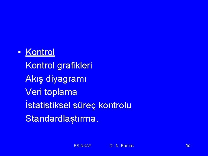  • Kontrol grafikleri Akış diyagramı Veri toplama İstatistiksel süreç kontrolu Standardlaştırma. ESİNKAP Dr.