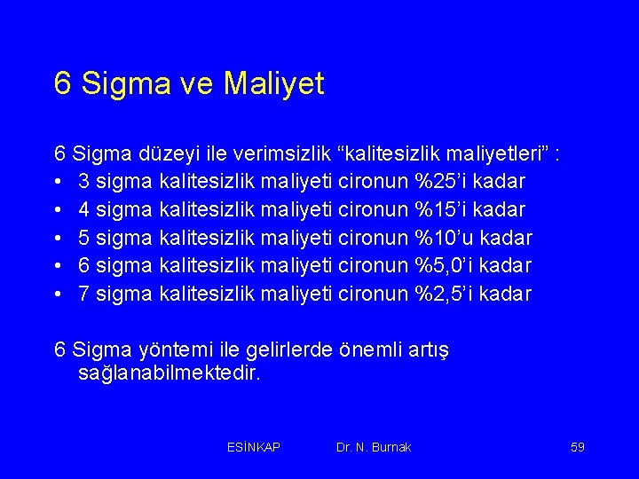 6 Sigma ve Maliyet 6 Sigma düzeyi ile verimsizlik “kalitesizlik maliyetleri” : • 3