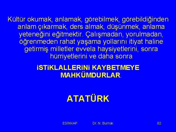 Kültür okumak, anlamak, görebilmek, görebildiğinden anlam çıkarmak, ders almak, düşünmek, anlama yeteneğini eğitmektir. Çalışmadan,