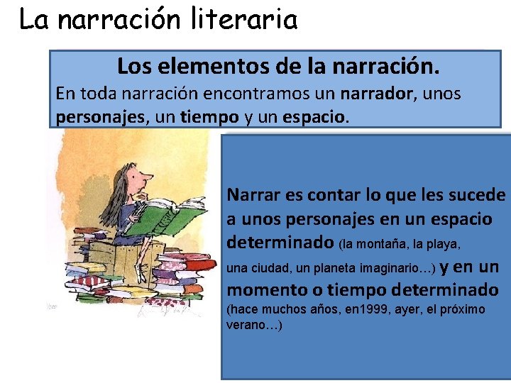 La narración literaria Los elementos de la narración. En toda narración encontramos un narrador,