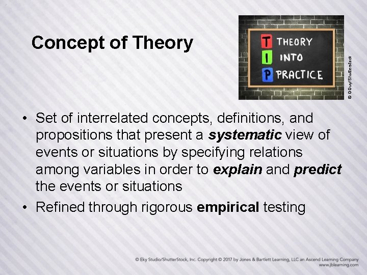 © GGuy/Shutterstock Concept of Theory • Set of interrelated concepts, definitions, and propositions that