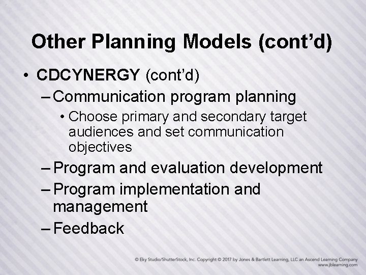 Other Planning Models (cont’d) • CDCYNERGY (cont’d) – Communication program planning • Choose primary
