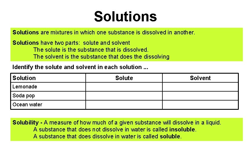 Solutions are mixtures in which one substance is dissolved in another. Solutions have two