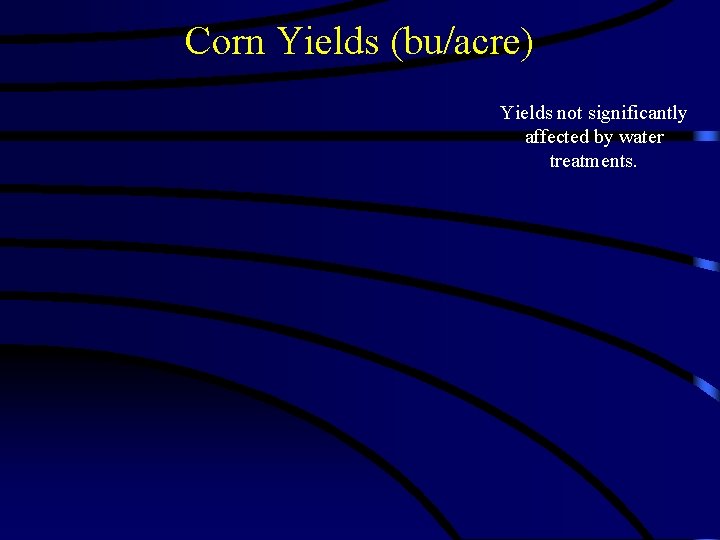 Corn Yields (bu/acre) Yields not significantly affected by water treatments. 