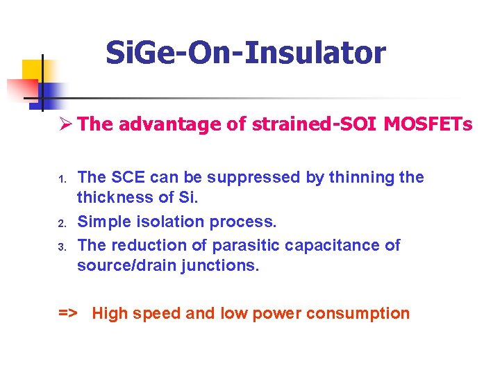 Si. Ge-On-Insulator Ø The advantage of strained-SOI MOSFETs 1. 2. 3. The SCE can Si. Ge-On-Insulator Ø The advantage of strained-SOI MOSFETs 1. 2. 3. The SCE can