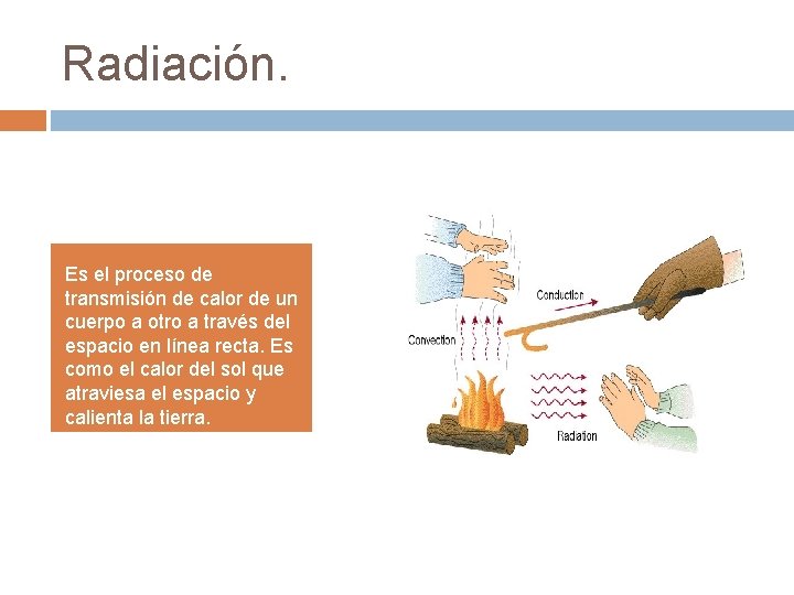 Radiación. Es el proceso de transmisión de calor de un cuerpo a otro a