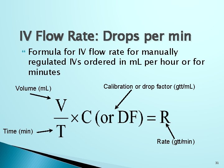 IV Flow Rate: Drops per min Formula for IV flow rate for manually regulated