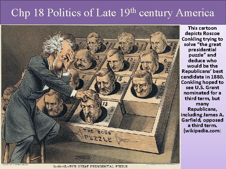 Chp 18 Politics of Late 19 th century America This cartoon depicts Roscoe Conkling