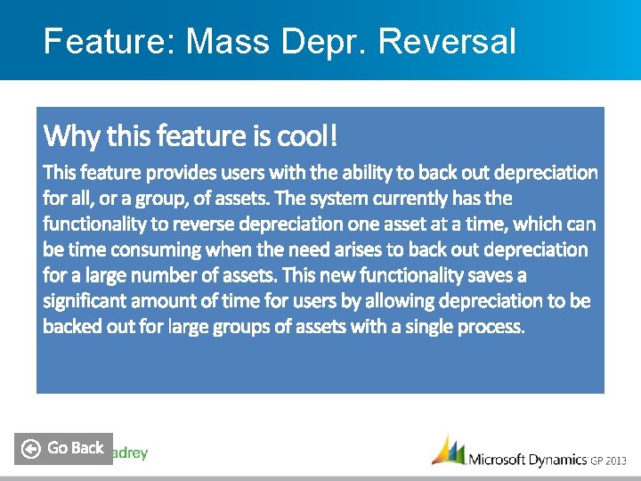 Feature: Mass Depr. Reversal 