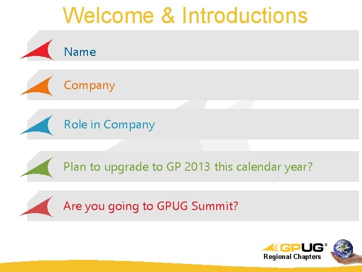 Welcome & Introductions Name Company Role in Company Plan to upgrade to GP 2013