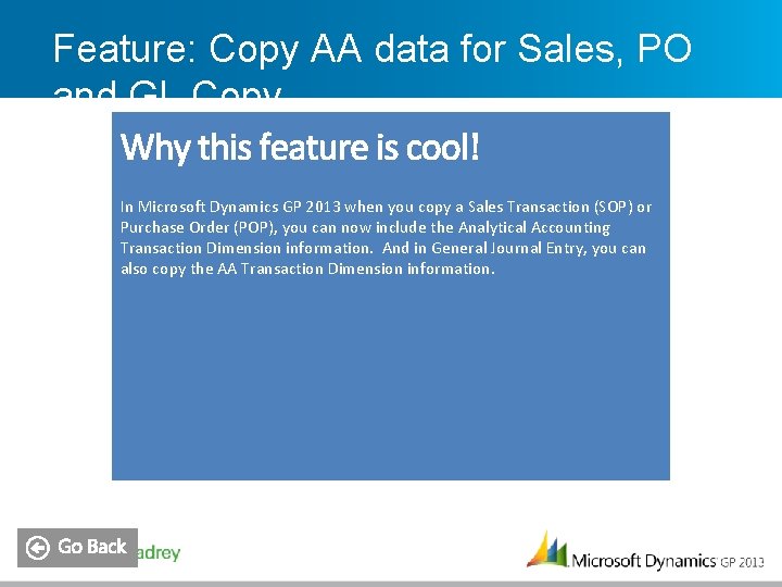 Feature: Copy AA data for Sales, PO and GL Copy In Microsoft Dynamics GP