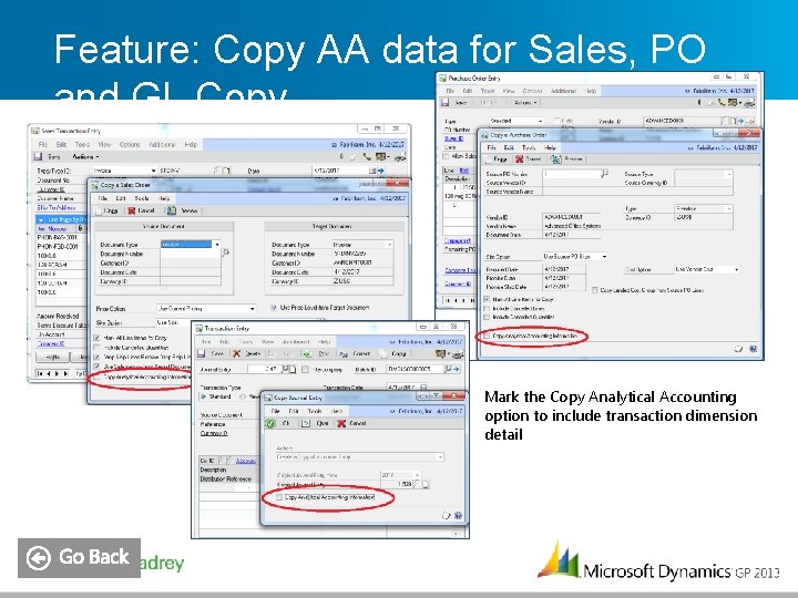 Feature: Copy AA data for Sales, PO and GL Copy Mark the Copy Analytical