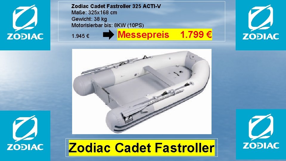 Zodiac Cadet Fastroller 325 ACTI-V Maße: 325 x 168 cm Gewicht: 38 kg Motorisierbar