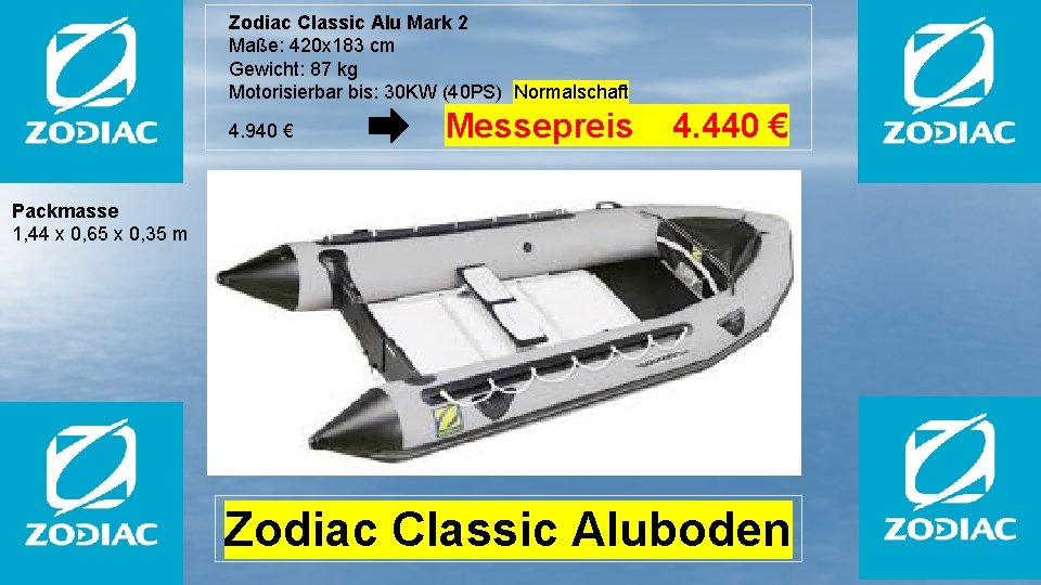 Zodiac Classic Alu Mark 2 Maße: 420 x 183 cm Gewicht: 87 kg Motorisierbar