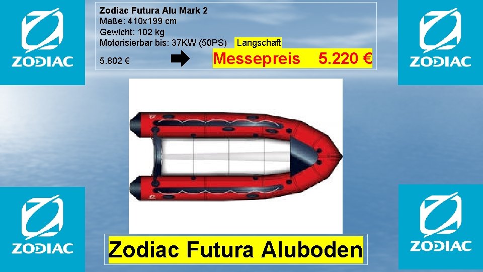 Zodiac Futura Alu Mark 2 Maße: 410 x 199 cm Gewicht: 102 kg Motorisierbar
