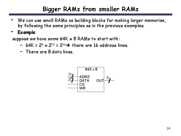 Bigger RAMs from smaller RAMs • We can use small RAMs as building blocks