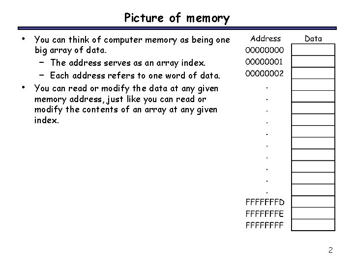 Picture of memory • • You can think of computer memory as being one