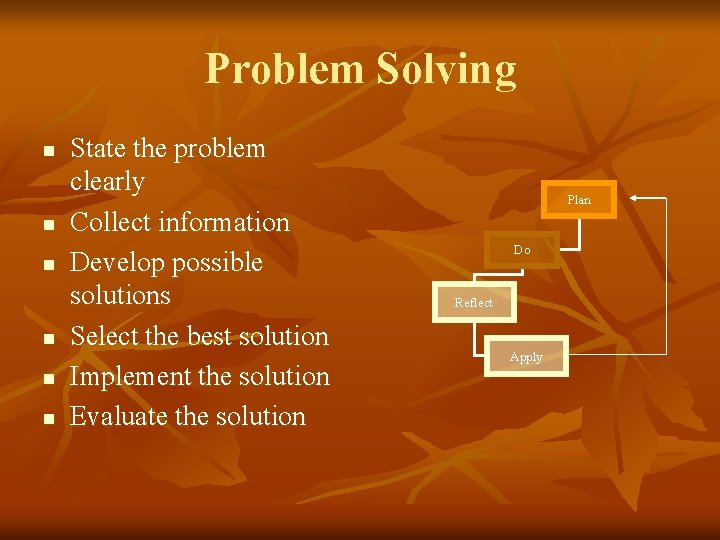 Problem Solving n n n State the problem clearly Collect information Develop possible solutions