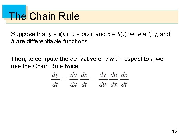 The Chain Rule Suppose that y = f(u), u = g(x), and x =