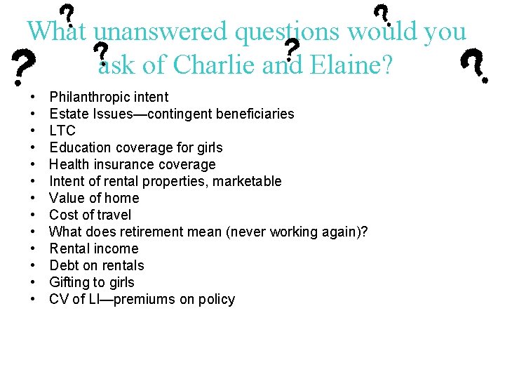 What unanswered questions would you ask of Charlie and Elaine? • • • •