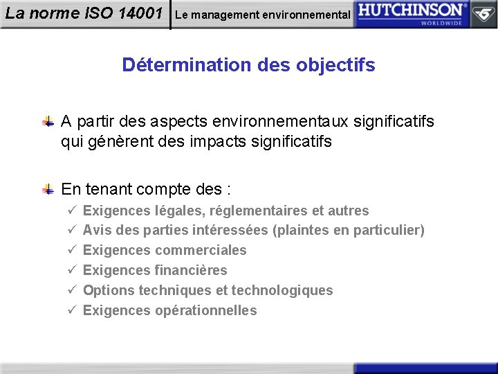 La norme ISO 14001 Le management environnemental Détermination des objectifs A partir des aspects