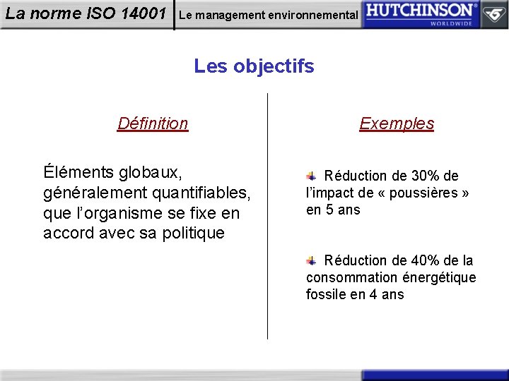 La norme ISO 14001 Le management environnemental Les objectifs Définition Éléments globaux, généralement quantifiables,