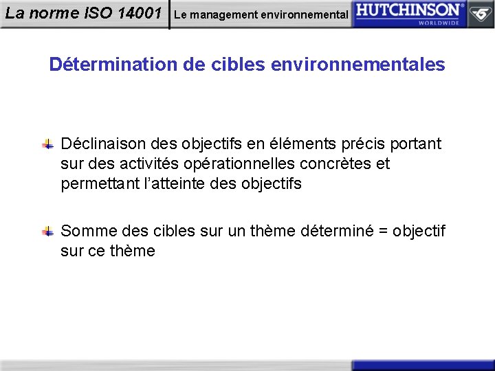 La norme ISO 14001 Le management environnemental Détermination de cibles environnementales Déclinaison des objectifs