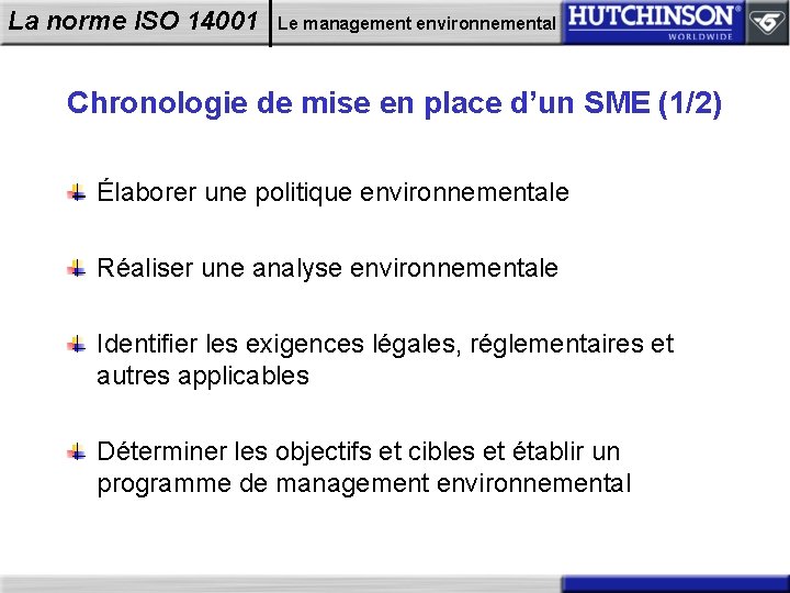 La norme ISO 14001 Le management environnemental Chronologie de mise en place d’un SME