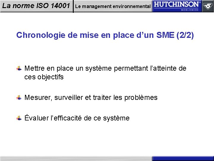 La norme ISO 14001 Le management environnemental Chronologie de mise en place d’un SME