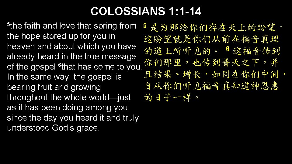 COLOSSIANS 1: 1 -14 5 the faith and love that spring from 5 是为那给你们存在天上的盼望。