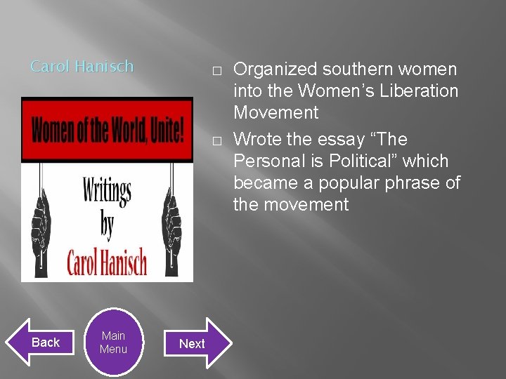 Carol Hanisch � � Back Main Menu Next Organized southern women into the Women’s