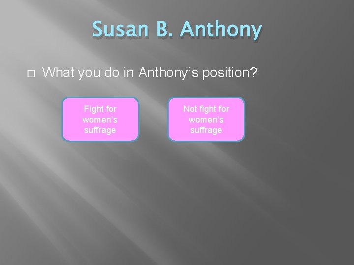 Susan B. Anthony � What you do in Anthony’s position? Fight for women’s suffrage
