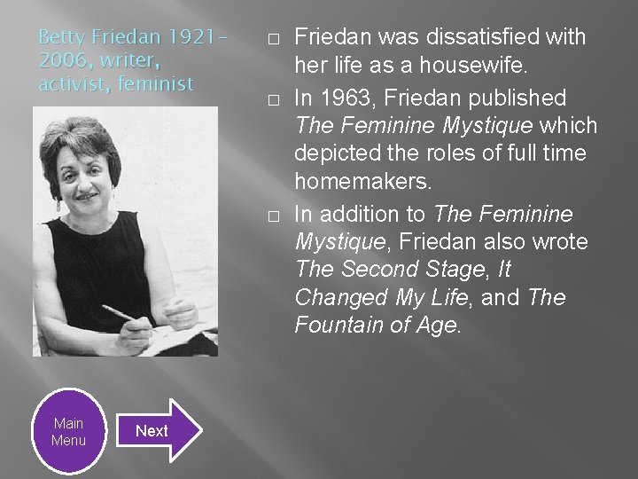 Betty Friedan 19212006, writer, activist, feminist � � � Main Menu Next Friedan was