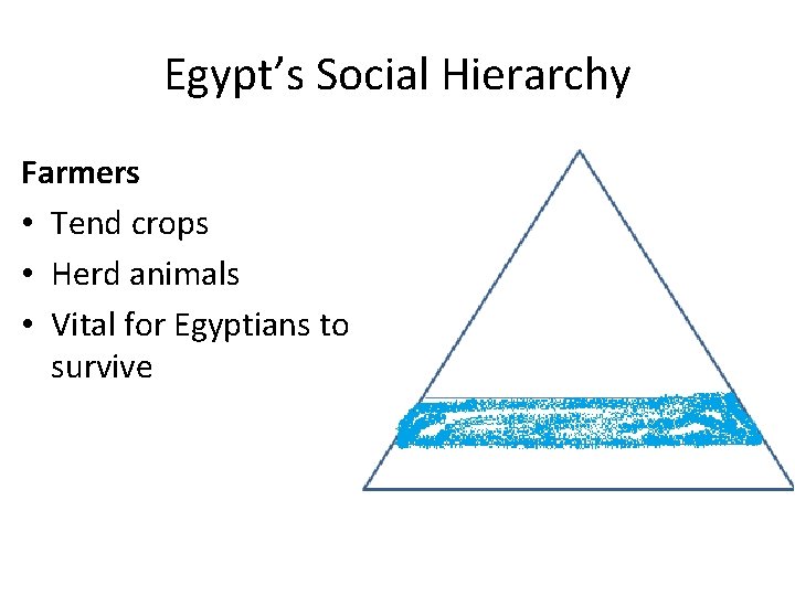 Egypt’s Social Hierarchy Farmers • Tend crops • Herd animals • Vital for Egyptians