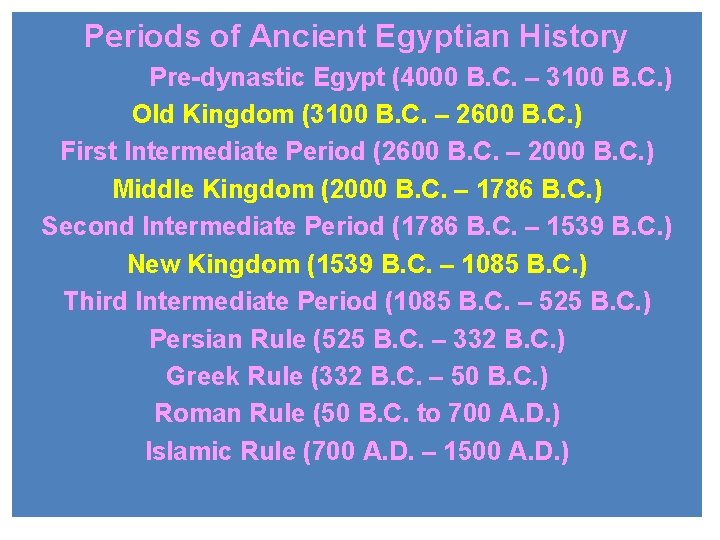 Periods of Ancient Egyptian History Pre-dynastic Egypt (4000 B. C. – 3100 B. C.